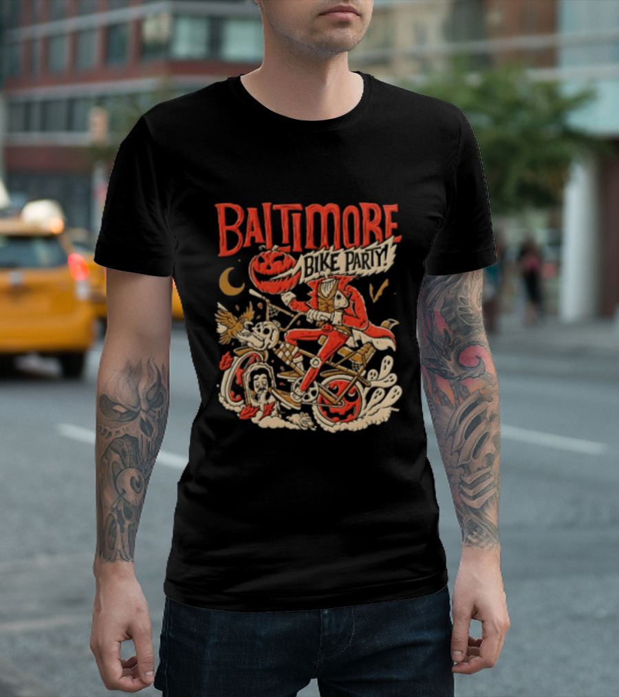 Baltimore Bike Party Halloween Headless Horseman Pumpkin Biker Moon Owl T-Shirt