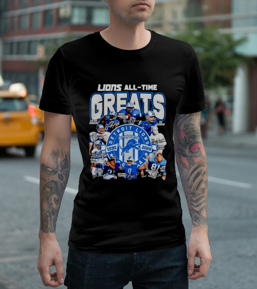 Detroit Lions All Time Greats Featuring Barry Sanders And Matthew Stafford T-Shirt