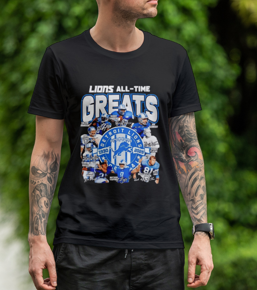 Detroit Lions All Time Greats Featuring Barry Sanders And Matthew Stafford T-Shirt