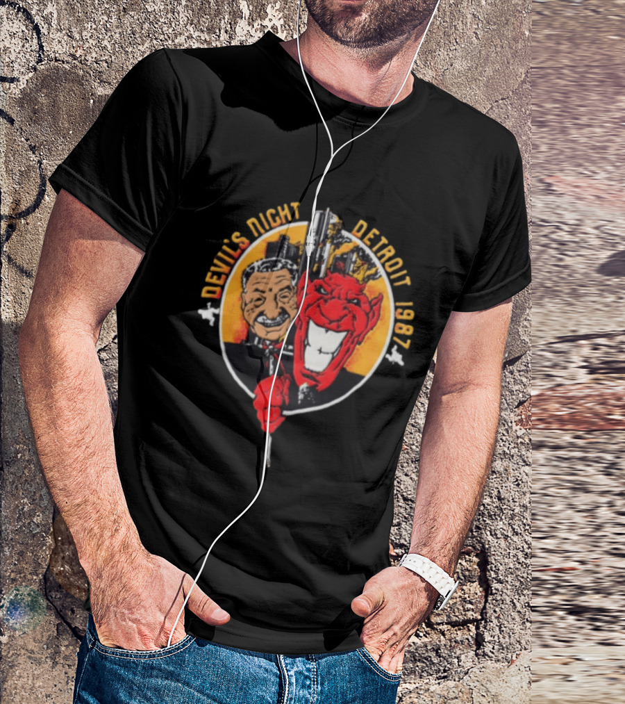 Devils Night 1987 Detroit Man And Red Devil Cartoon Skyline T-Shirt