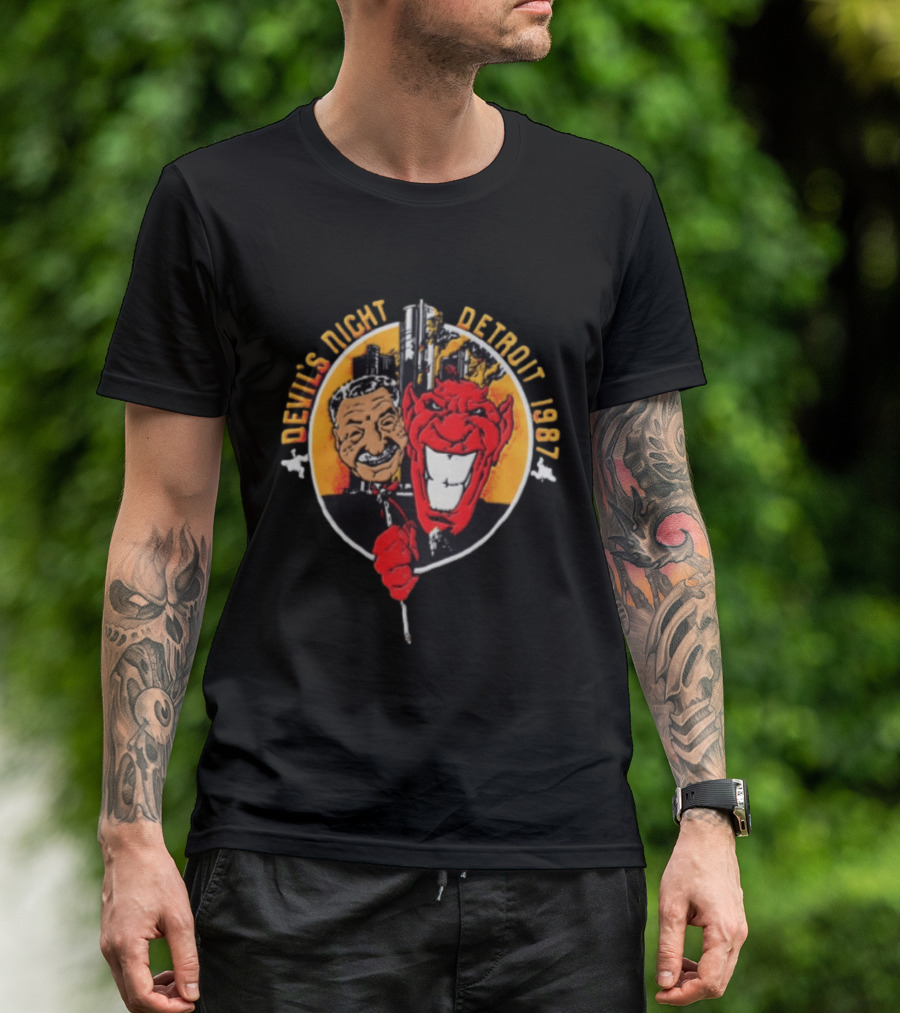 Devils Night 1987 Detroit Man And Red Devil Cartoon Skyline T-Shirt