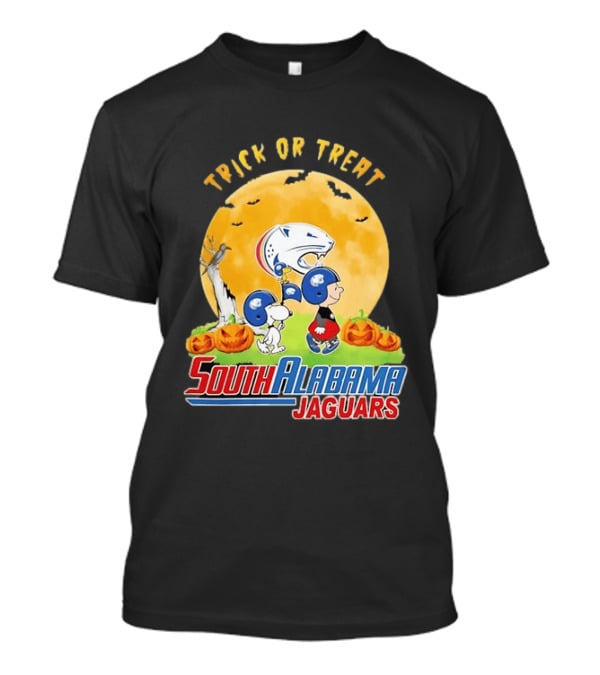 South Alabama Jaguars Snoopy Charlie Brown Woodstock Trick Or Treat Halloween Moon T-Shirt