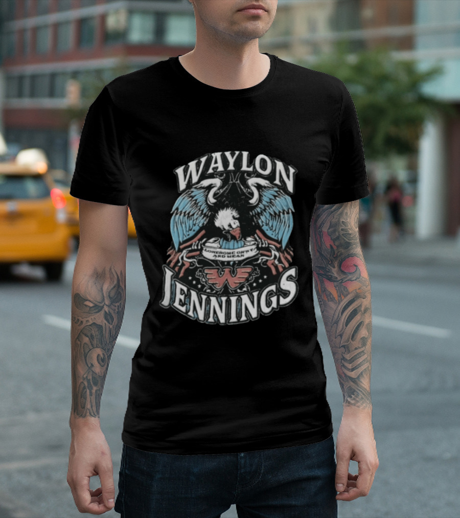 Waylon Jennings Lonesome Onry And Mean Eagle Wings American Flag T-Shirt