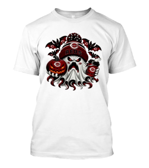 Ghost Pumpkin Cincinnati Reds Coffee Halloween Spooky 2026 Bats T-Shirt