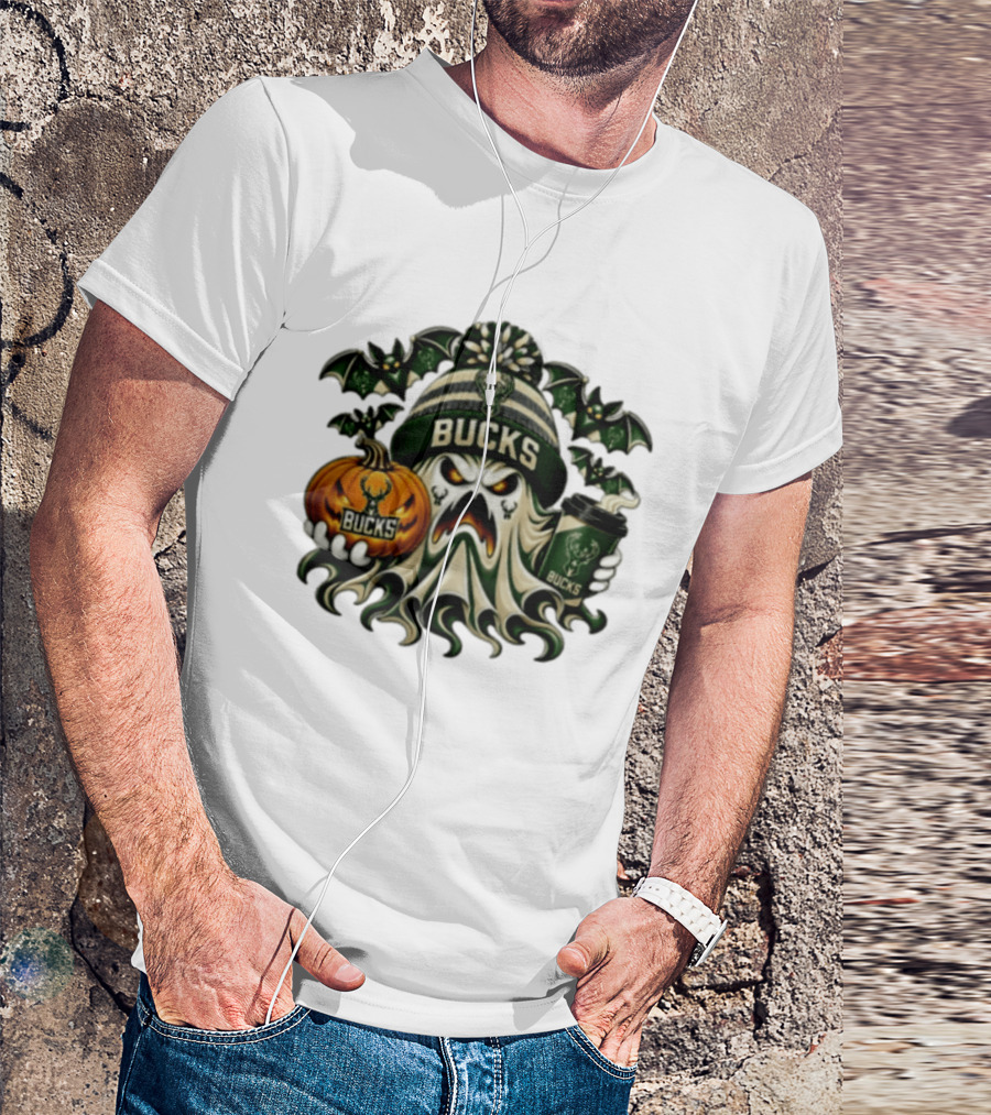 Milwaukee Bucks Spooky Ghost With Pumpkin And Coffee Halloween 2026 T-Shirt