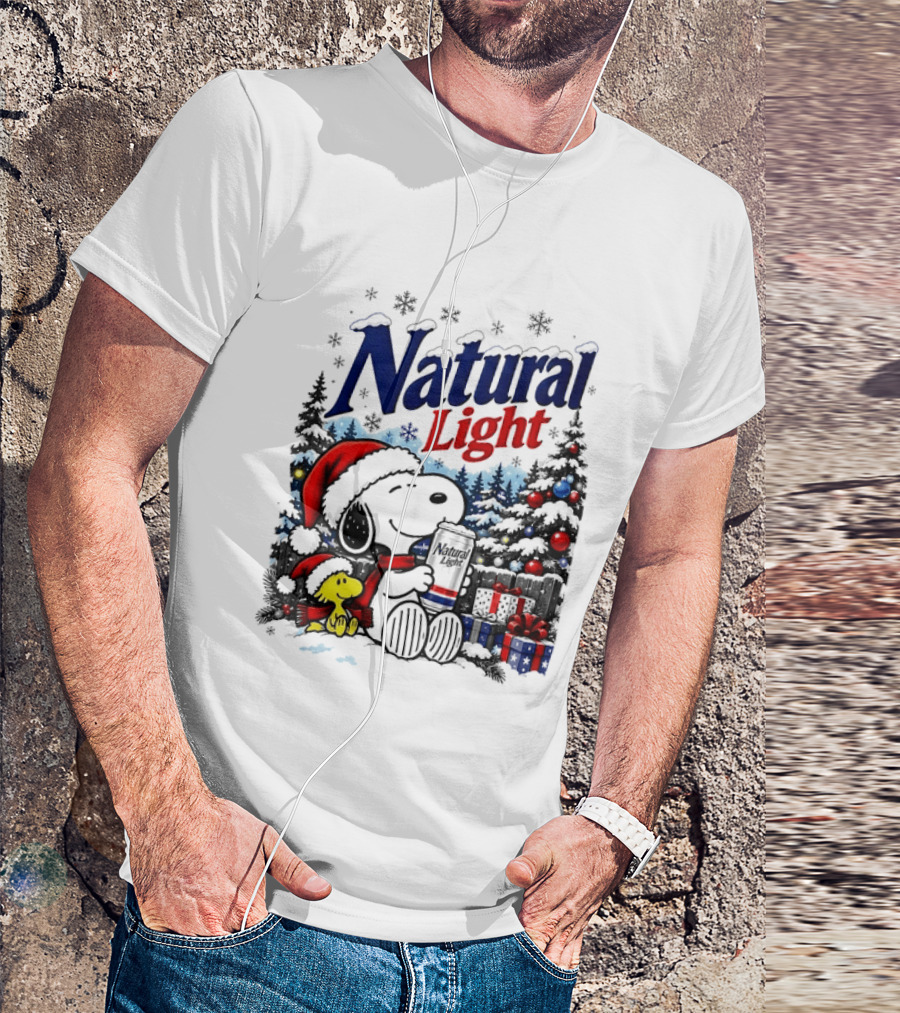 Snoopy Woodstock Santa Hat Natural Light Christmas Tree Presents T-Shirt