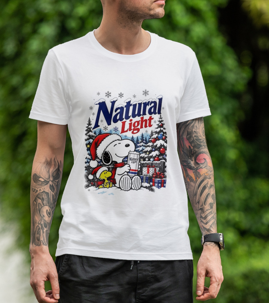 Snoopy Woodstock Santa Hat Natural Light Christmas Tree Presents T-Shirt