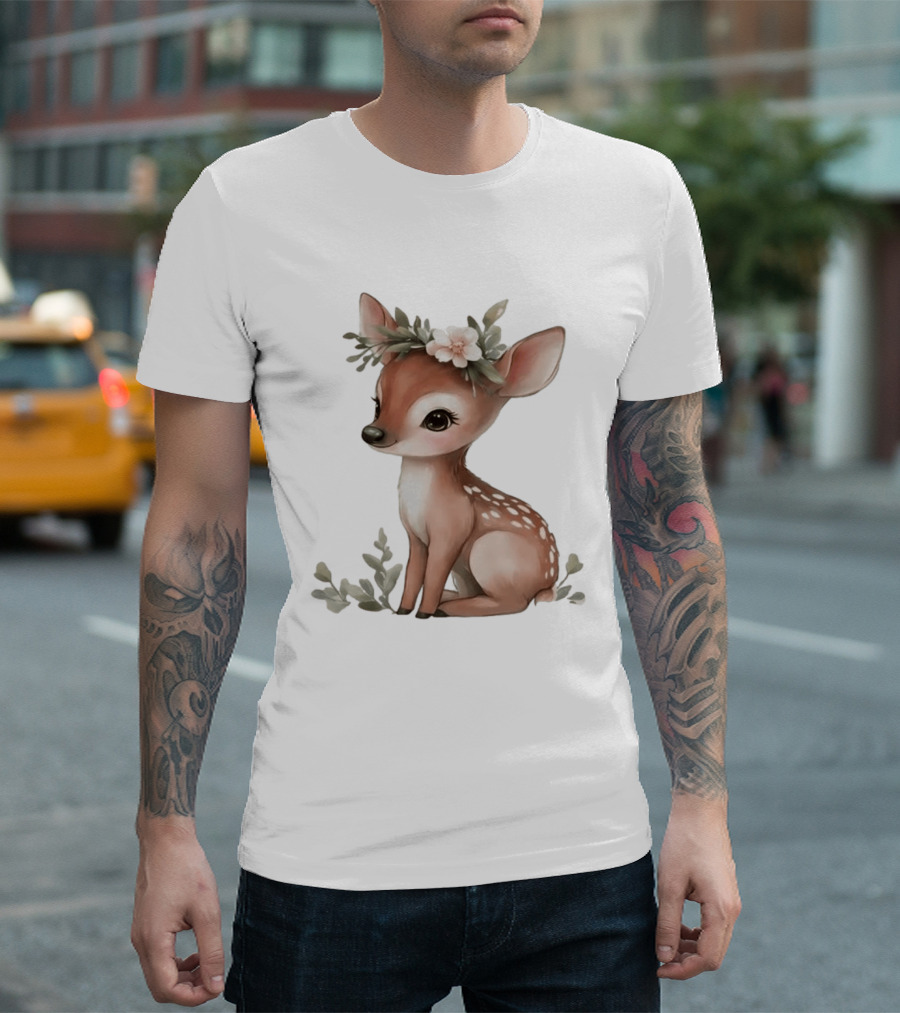 Cute Baby Deer Floral Crown Clipart T-Shirt