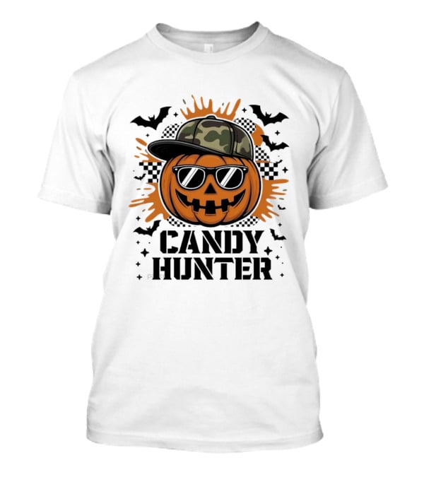 Candy Hunter Pumpkin Camo Hat Sunglasses Halloween Bats T-Shirt
