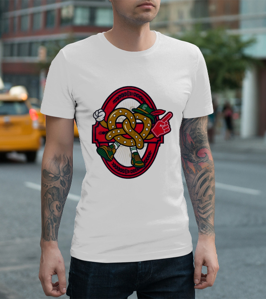 Cartoon Pretzel With Foam Finger And Red Circle T-Shirt