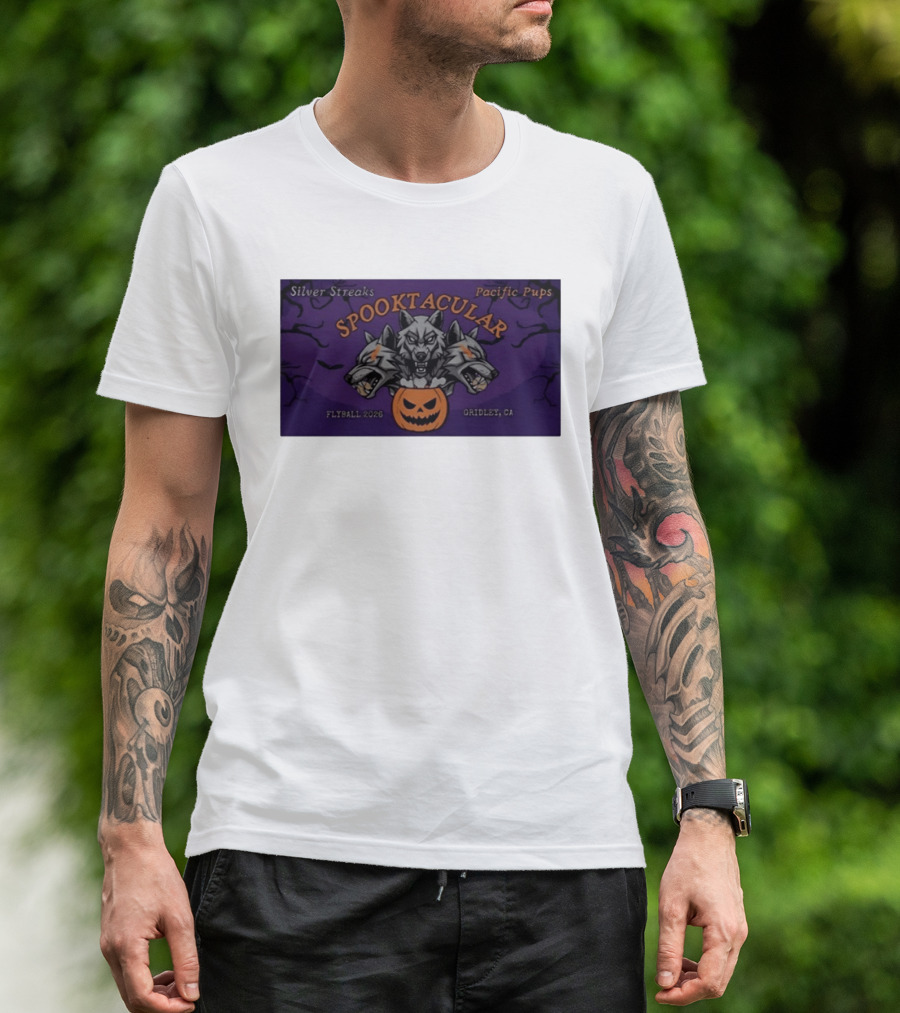 Silver Streaks Pacific Pups Spooktacular Flyball 2026 Gridley CA Halloween Three Headed Wolf Pumpkin T-Shirt