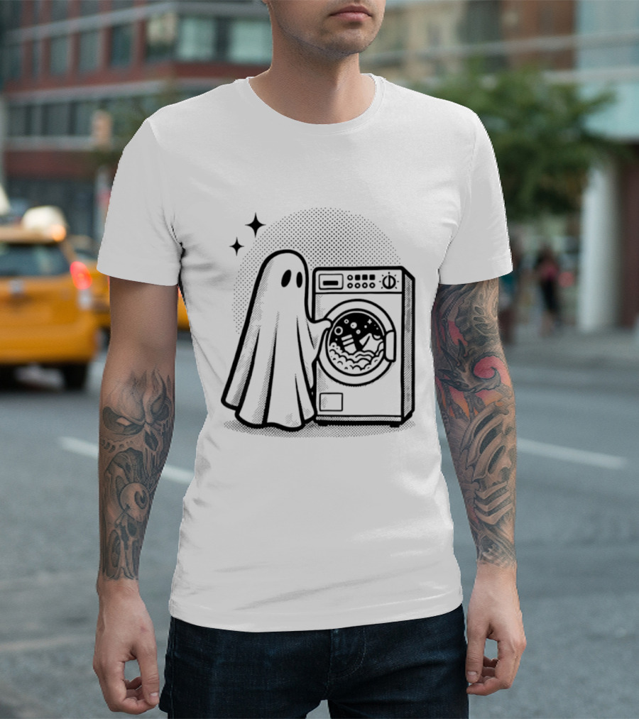 Ghost Laundry Day With Washing Machine And Stars T-Shirt