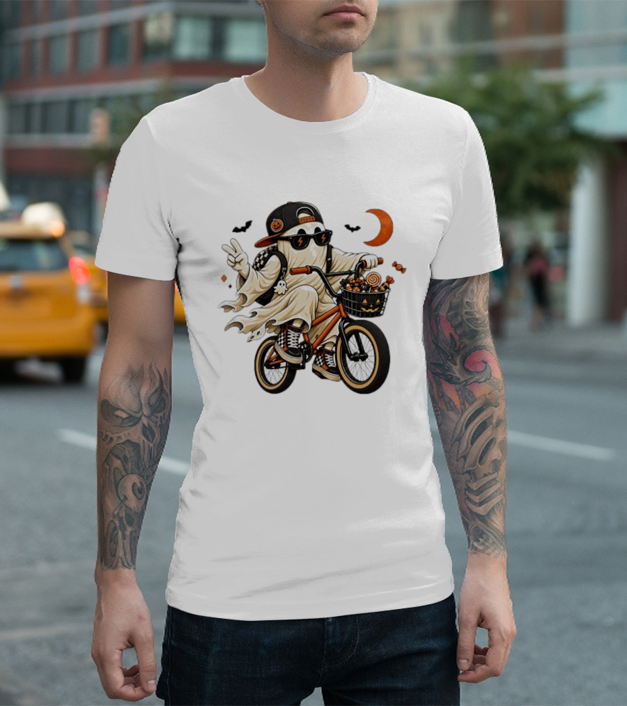 Ghost On Bike With Halloween Candy And Peace Sign Moon And Bats T-Shirt