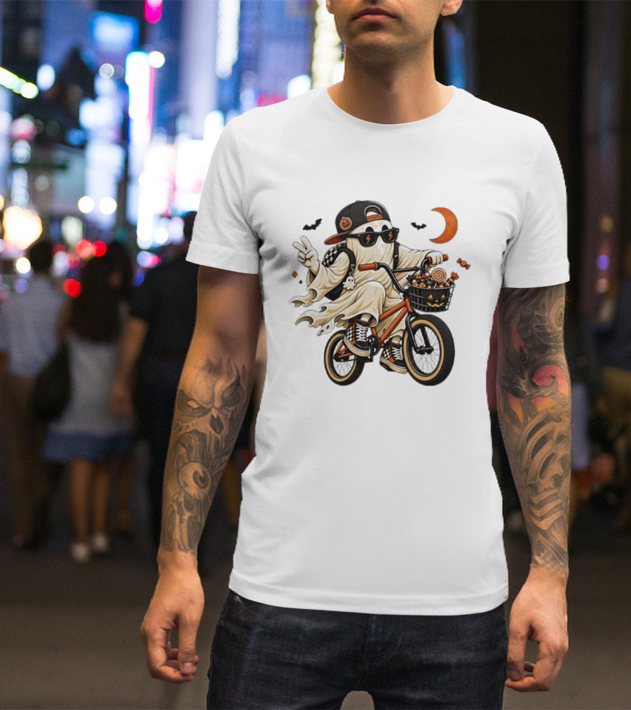 Ghost On Bike With Halloween Candy And Peace Sign Moon And Bats T-Shirt