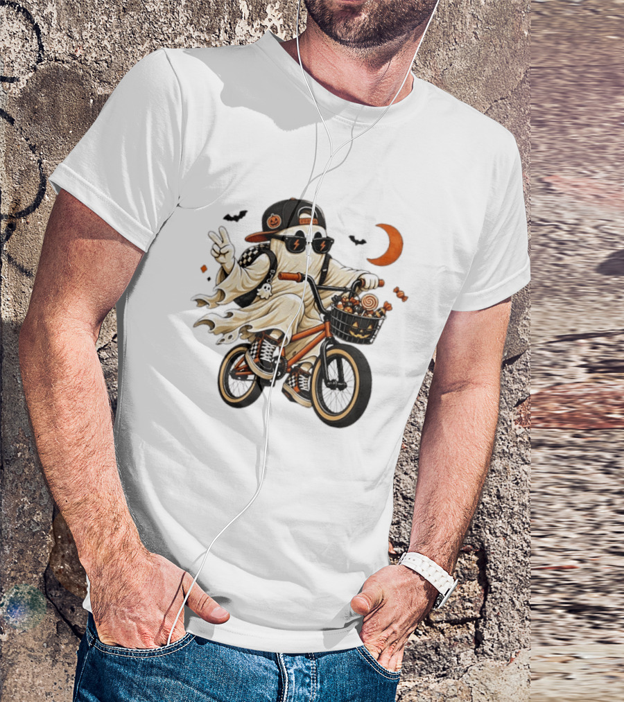 Ghost On Bike With Halloween Candy And Peace Sign Moon And Bats T-Shirt