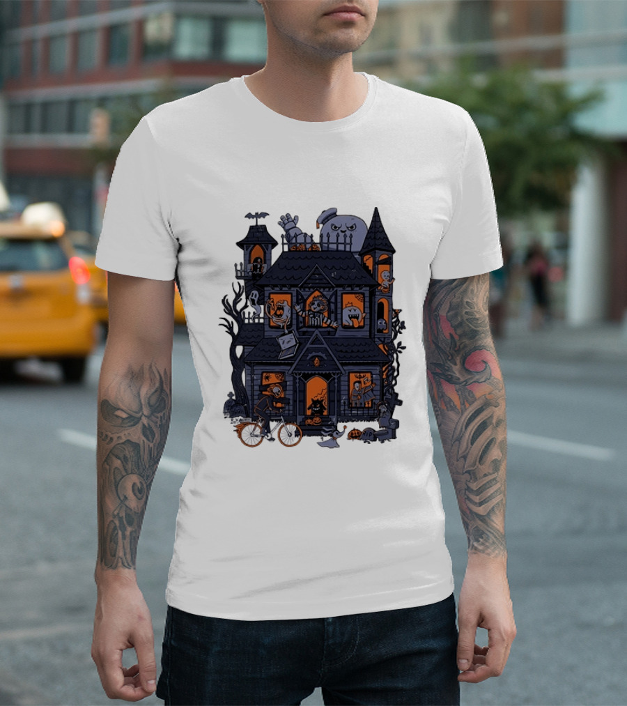 Haunted House With Stay Puft Marshmallow Man Horror Characters T-Shirt
