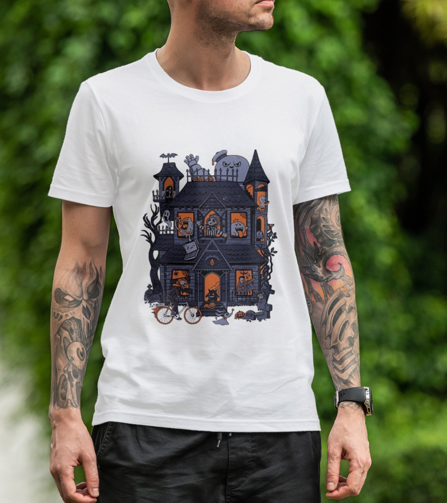 Haunted House With Stay Puft Marshmallow Man Horror Characters T-Shirt