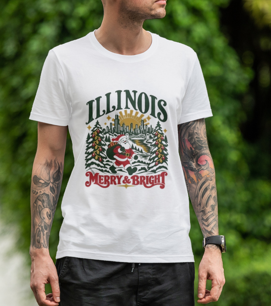 Illinois Merry And Bright Christmas Santa Skyline Forest 2026 T-Shirt