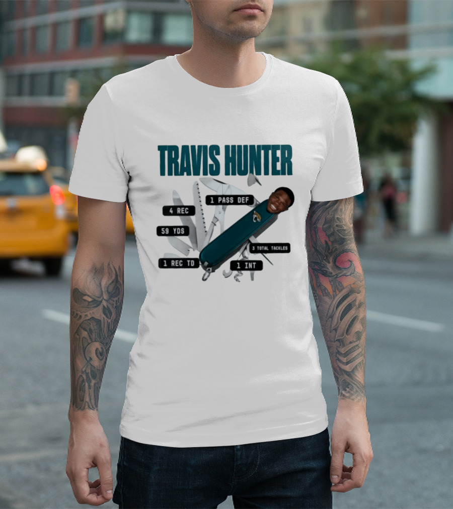 Travis Hunter Swiss Army Knife 4 REC 59 YDS 1 REC TD Jacksonville Jaguars T-Shirt