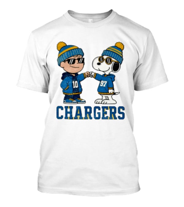 Los Angeles Chargers Charlie Brown Snoopy Fist Bump Blue Beanie Pom Pom T-Shirt