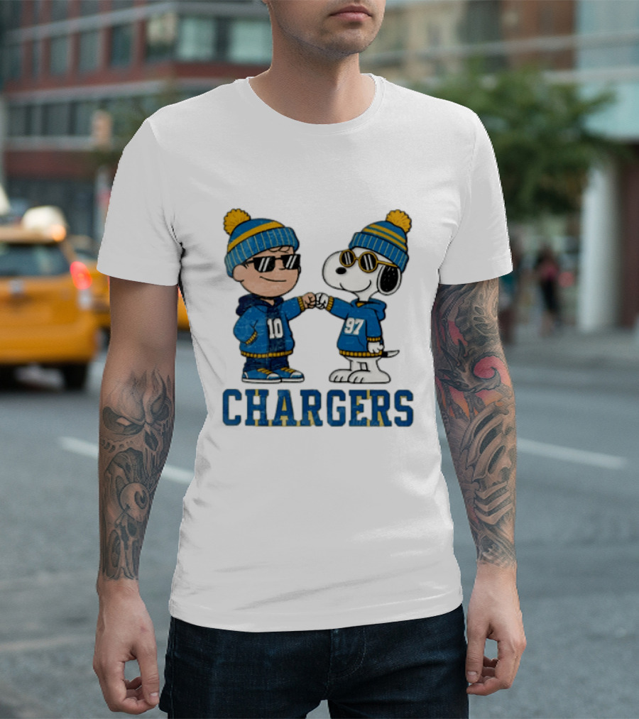 Los Angeles Chargers Charlie Brown Snoopy Fist Bump Blue Beanie Pom Pom T-Shirt