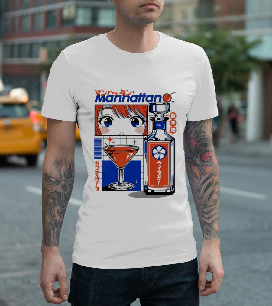 Manhattan Anime Style Whiskey Bottle With Cocktail And Cherry T-Shirt