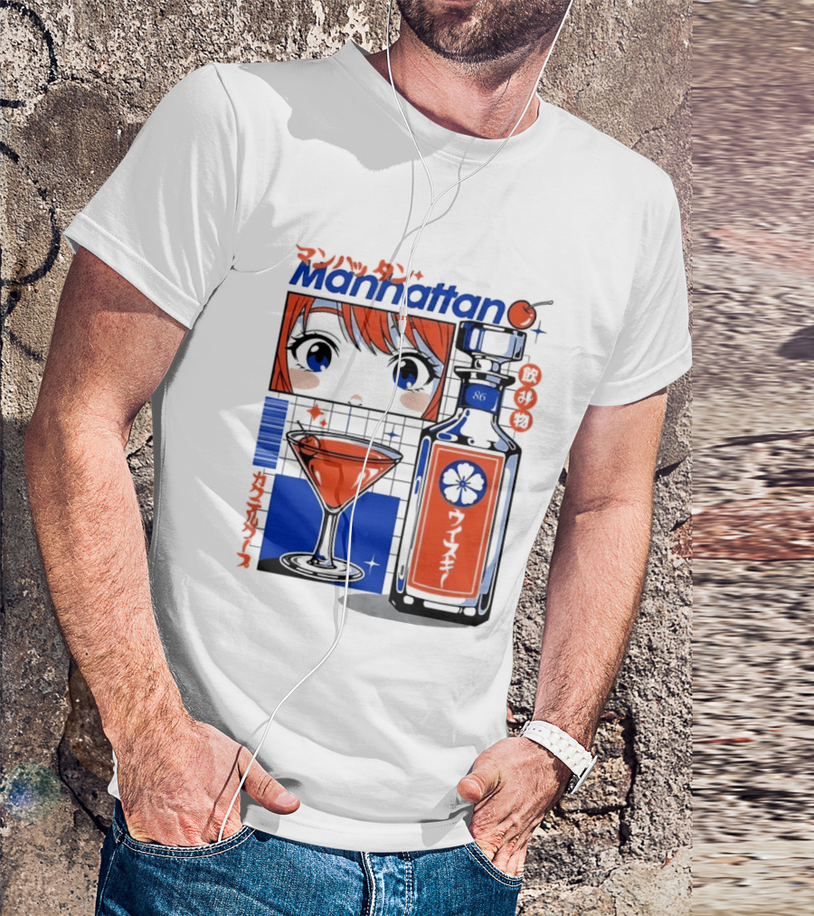 Manhattan Anime Style Whiskey Bottle With Cocktail And Cherry T-Shirt
