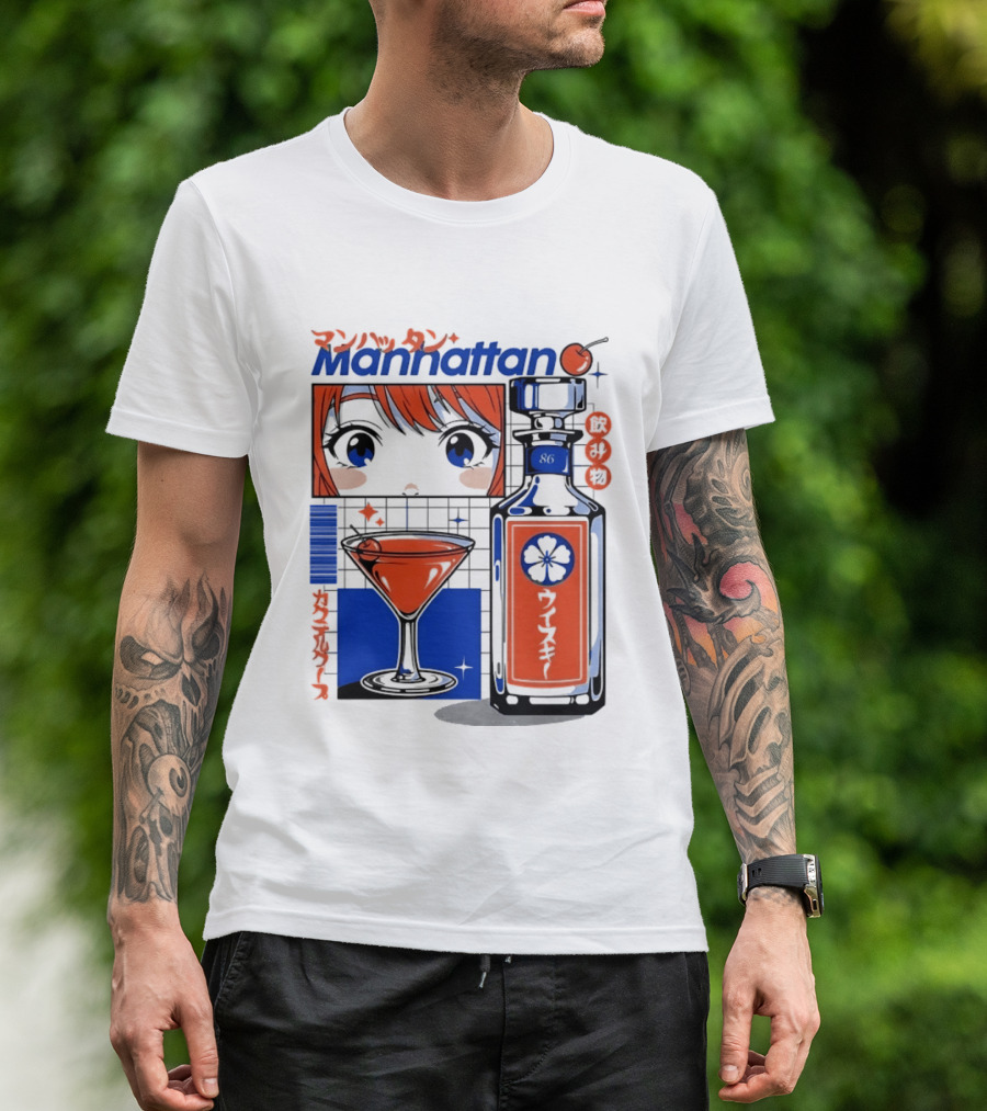 Manhattan Anime Style Whiskey Bottle With Cocktail And Cherry T-Shirt