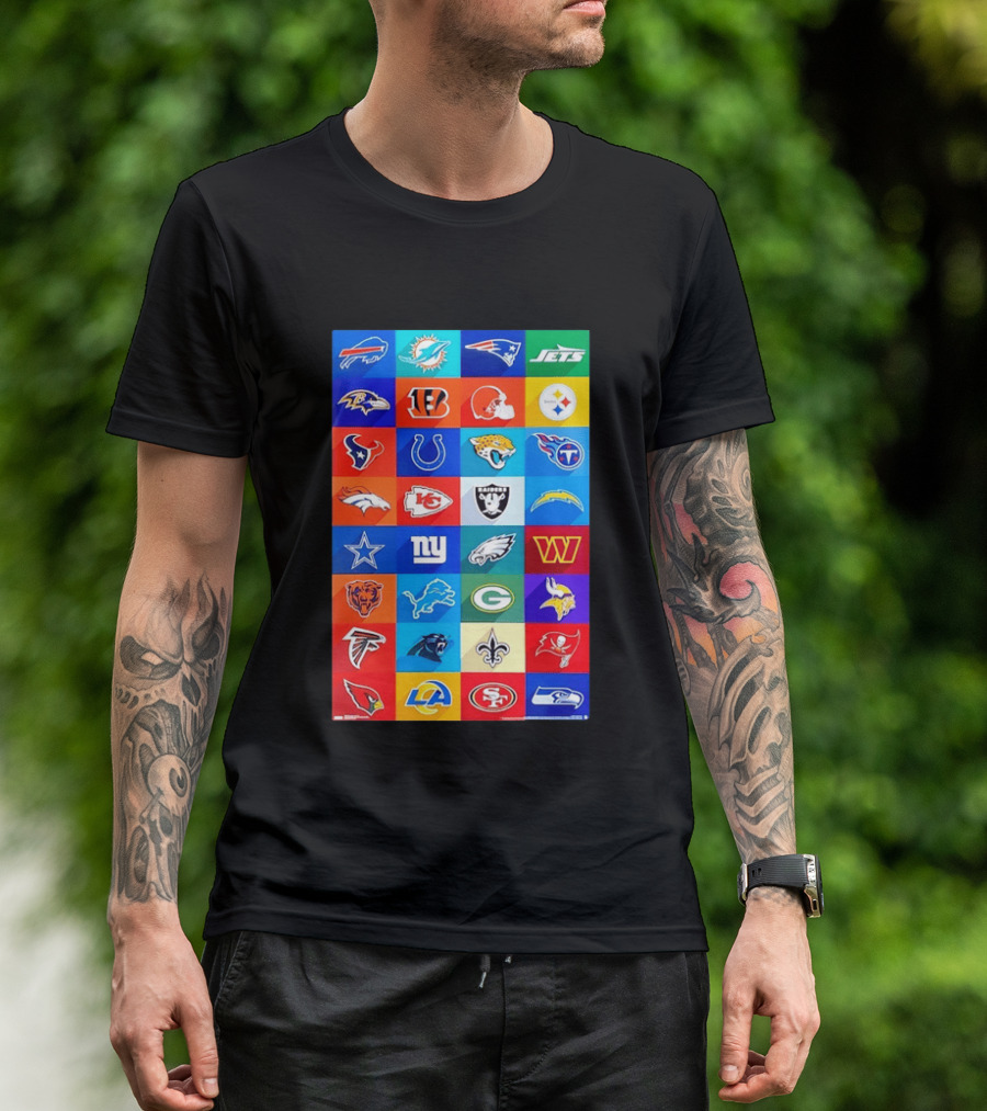 NFL Teams 32 Logos Grid Buffalo Rams Giants Packers 49ers Seahawks T-Shirt