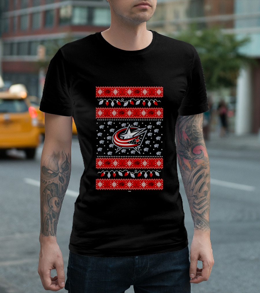 Columbus Blue Jackets Holiday Knit Red Green Snowflakes Hockey Winter T-Shirt