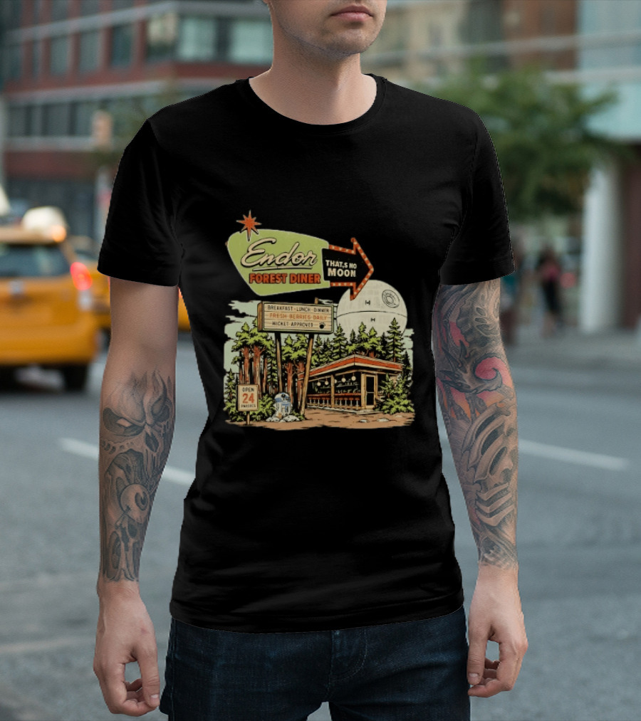 Endor Forest Diner Breakfast Lunch Dinner Moon Star Wars 24 Hours R2 D2 T-Shirt