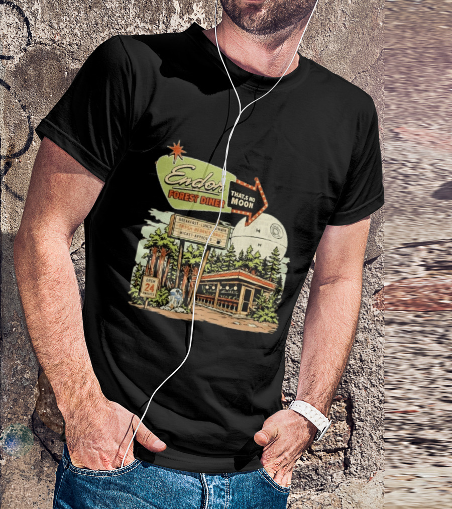 Endor Forest Diner Breakfast Lunch Dinner Moon Star Wars 24 Hours R2 D2 T-Shirt