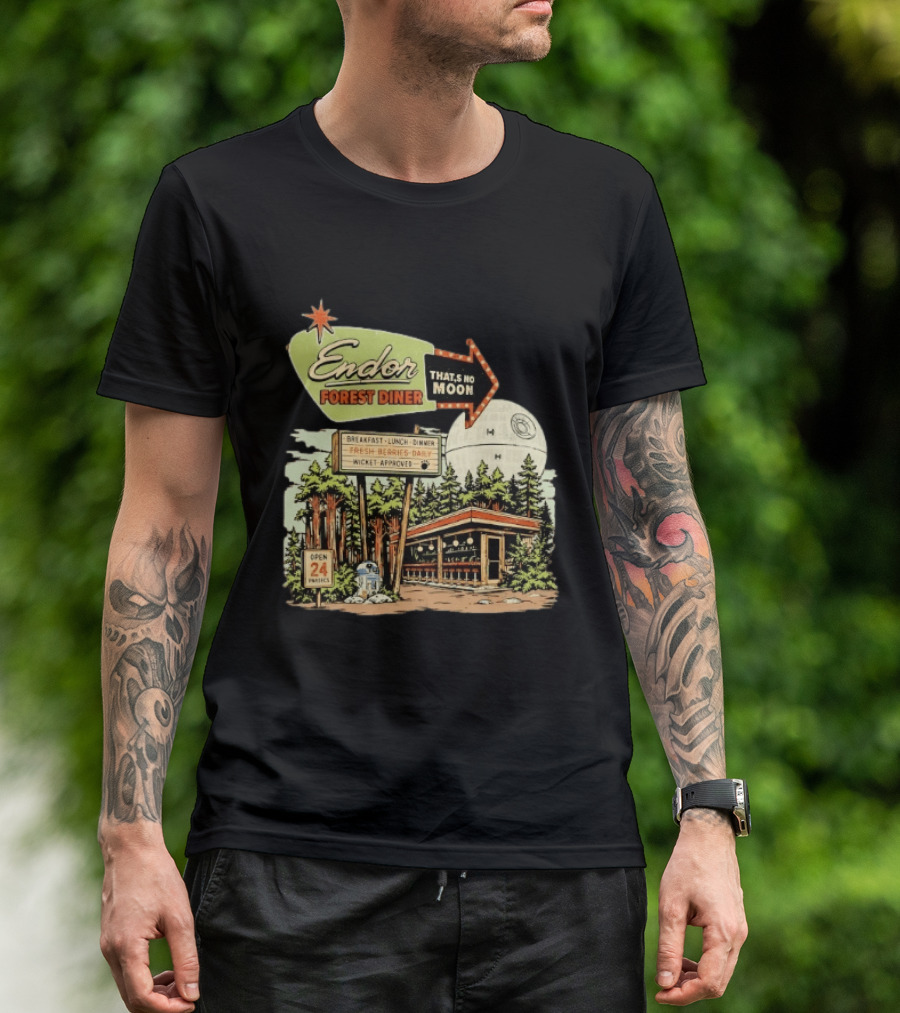 Endor Forest Diner Breakfast Lunch Dinner Moon Star Wars 24 Hours R2 D2 T-Shirt