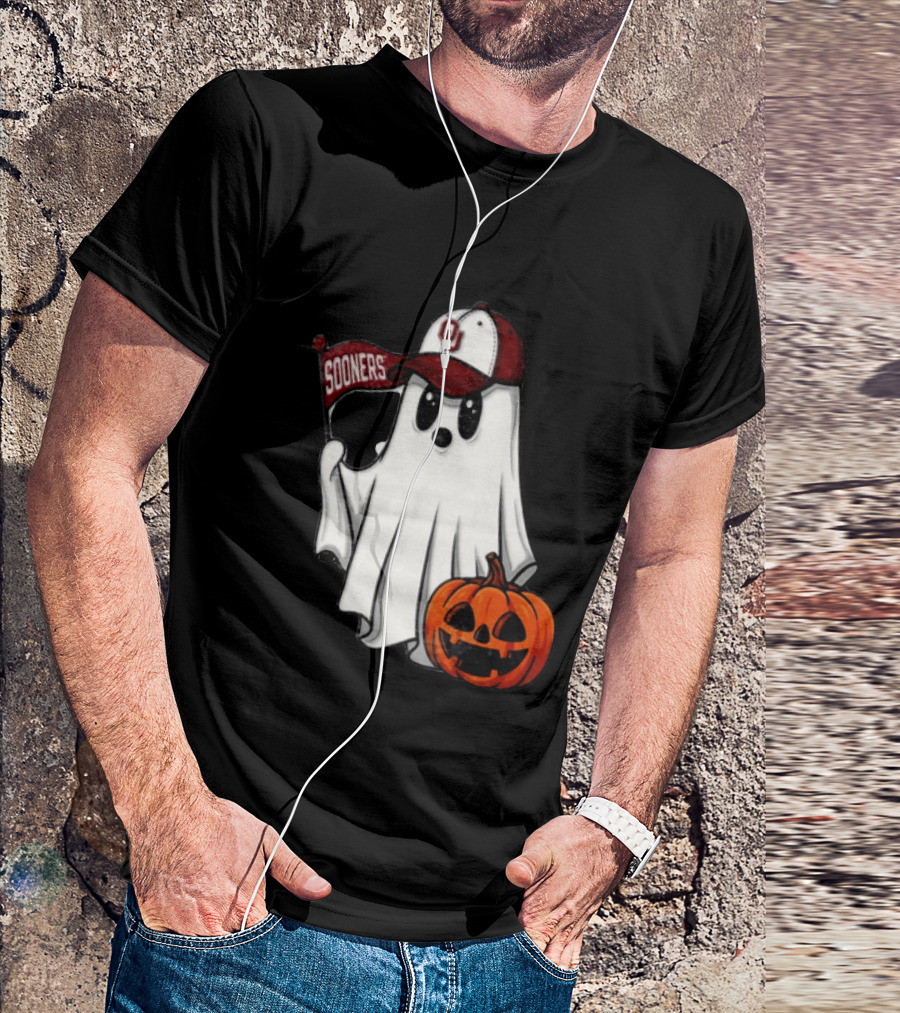 Oklahoma Sooners Ghost With Pumpkin Halloween Fan Gear T-Shirt
