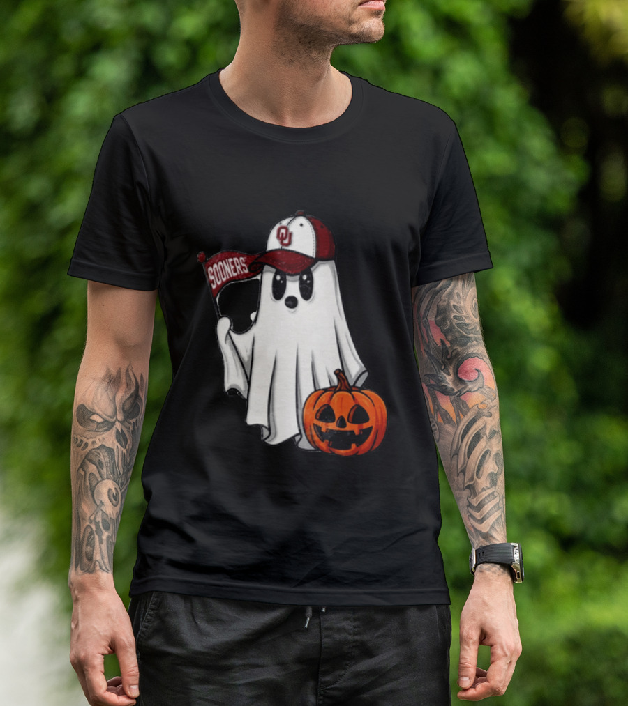 Oklahoma Sooners Ghost With Pumpkin Halloween Fan Gear T-Shirt