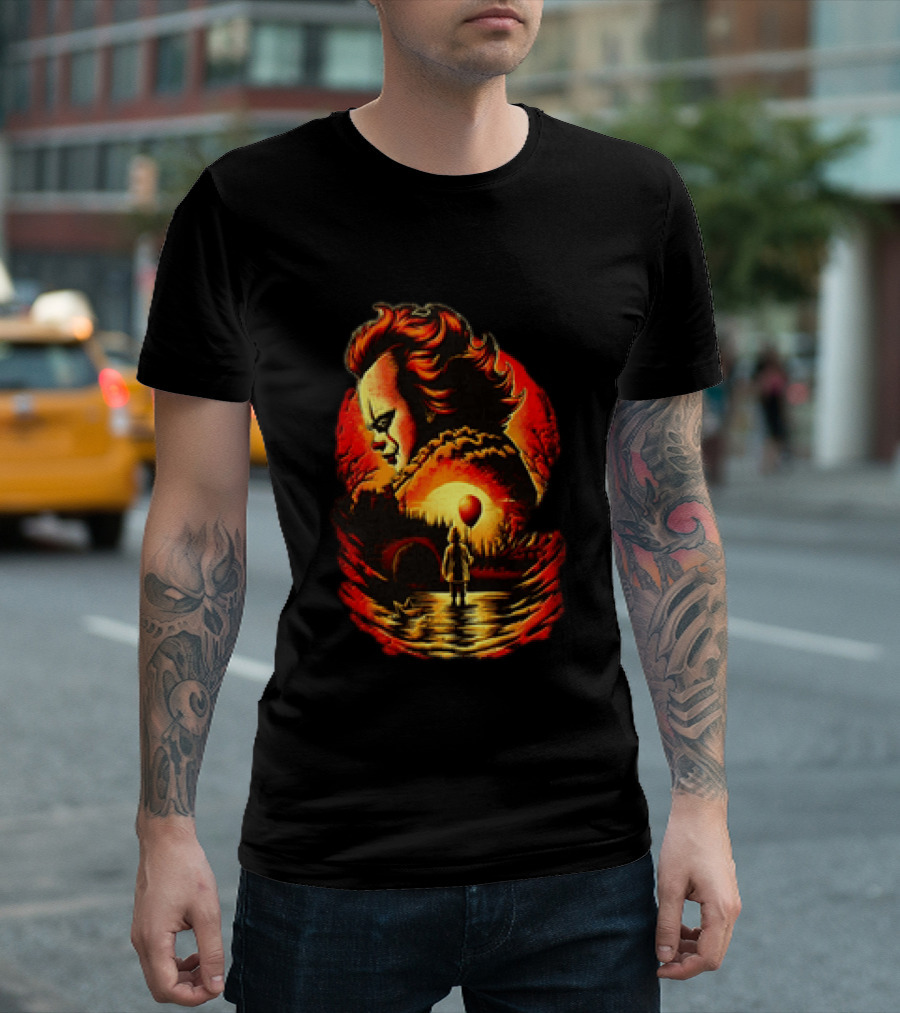 Pennywise IT Clown Face With Red Balloon And Sunset Scene T-Shirt