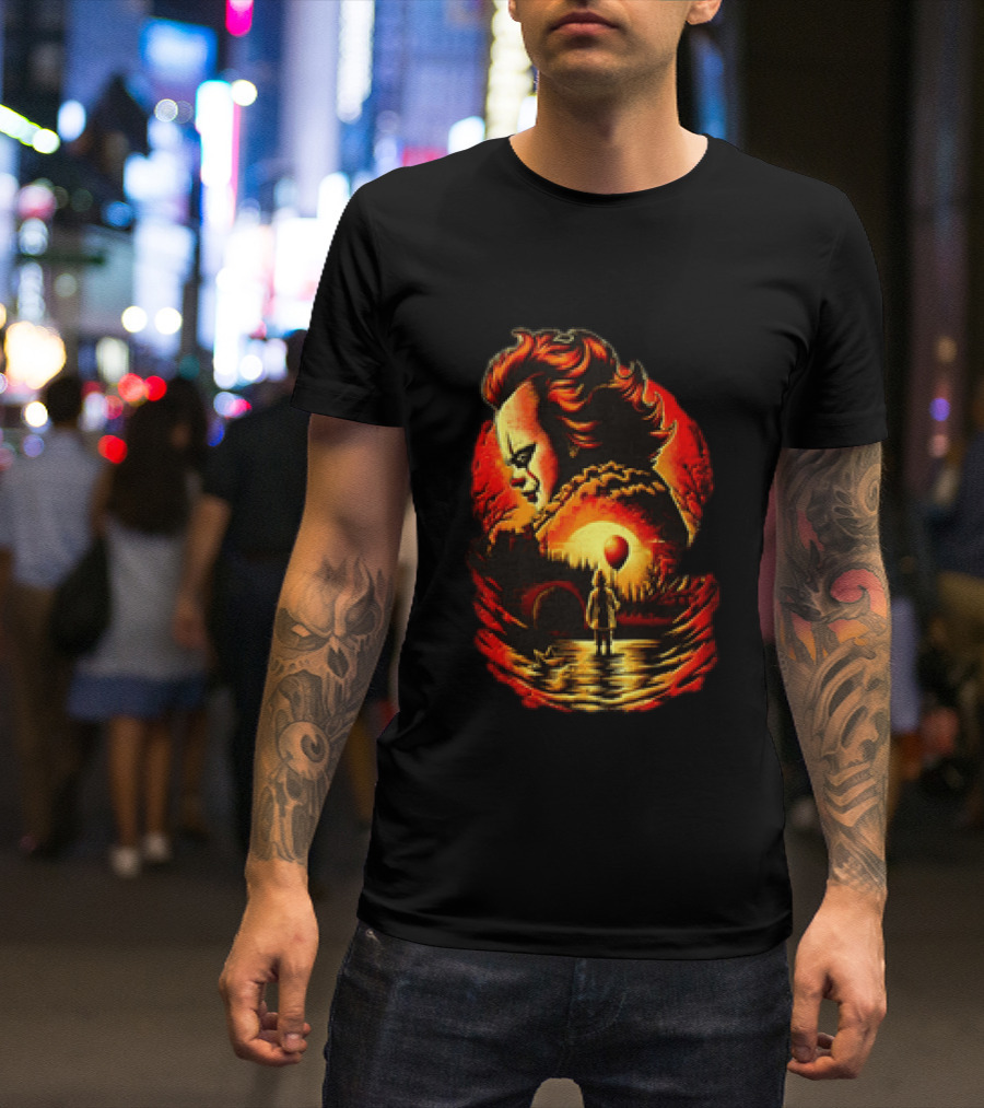 Pennywise IT Clown Face With Red Balloon And Sunset Scene T-Shirt