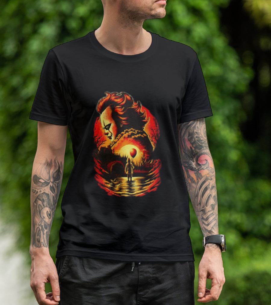 Pennywise IT Clown Face With Red Balloon And Sunset Scene T-Shirt