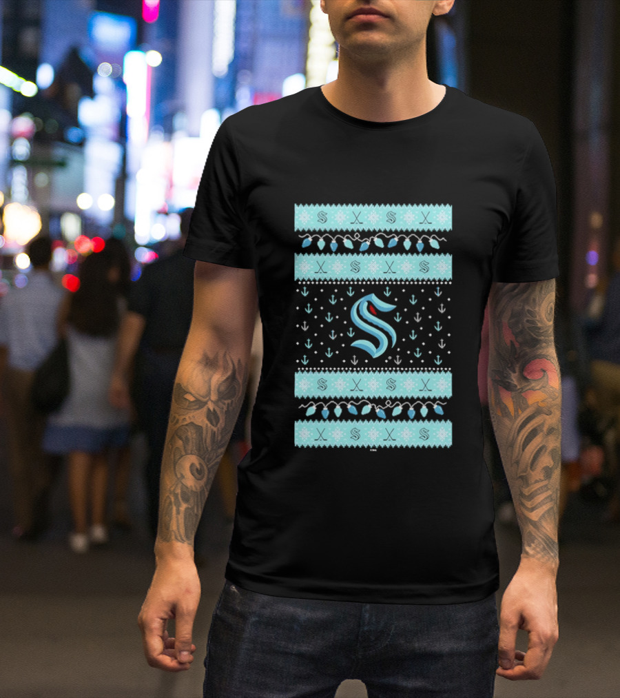 Seattle Kraken NHL Holiday Knit Sweater Lights Snowflakes T-Shirt