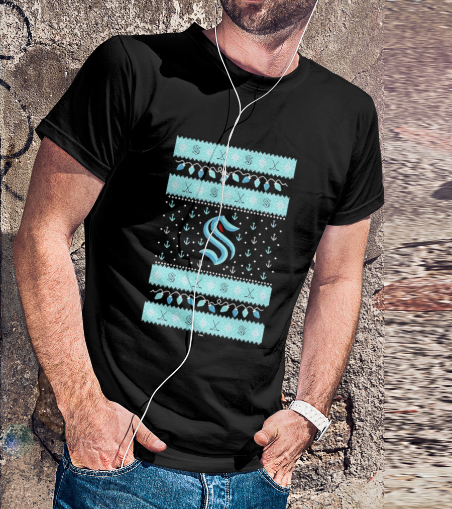Seattle Kraken NHL Holiday Knit Sweater Lights Snowflakes T-Shirt