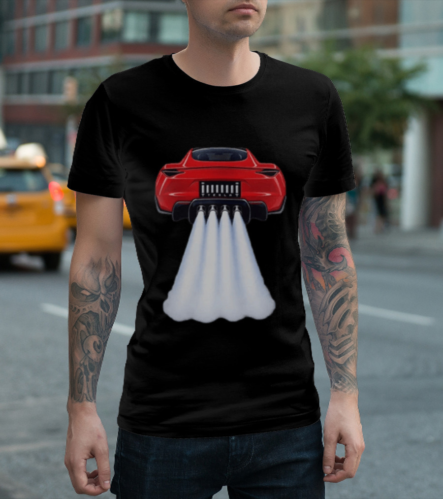 Tesla Roadster SpaceX Flying Car Rocket Thrusters Jet Blast T-Shirt