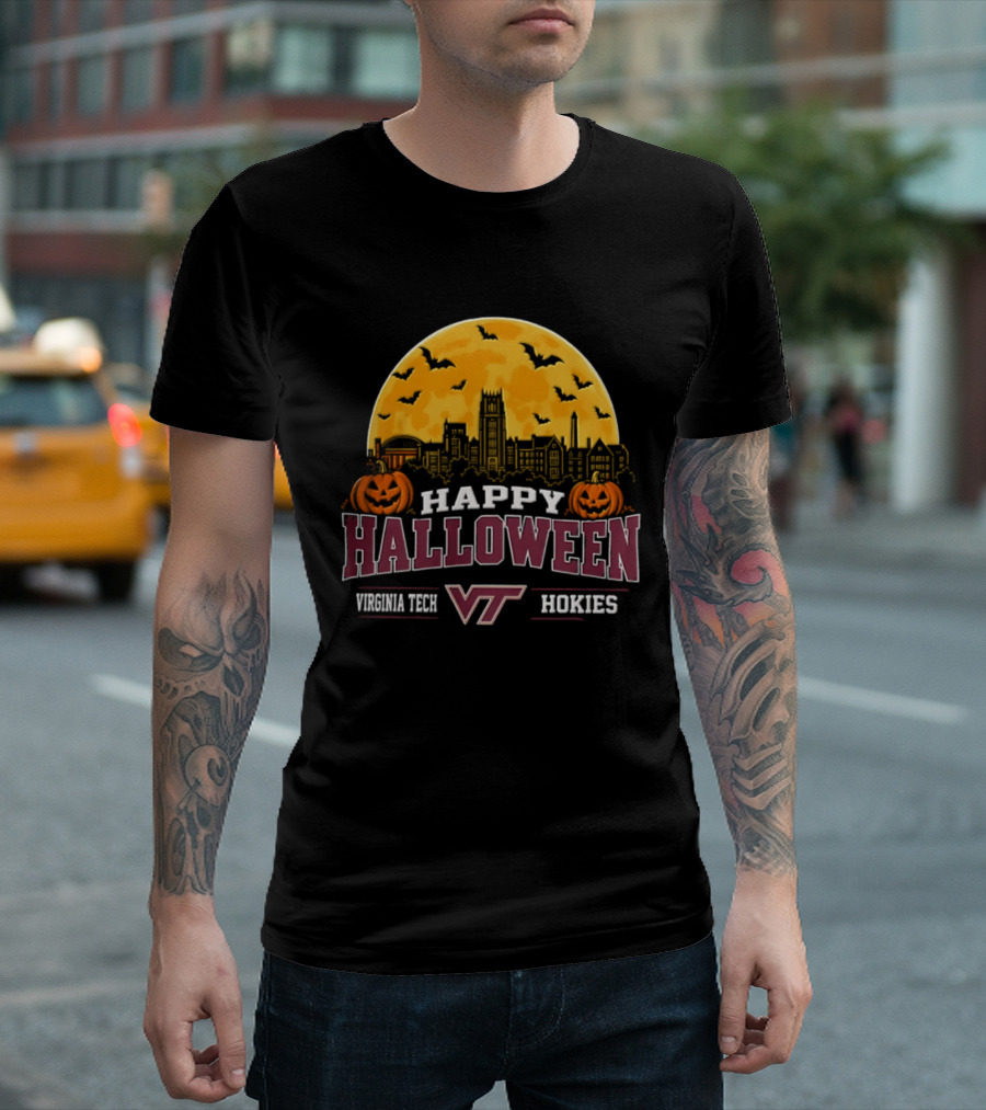 Virginia Tech Hokies Happy Halloween VT Skyline Pumpkins Bats Moon 2026 T-Shirt