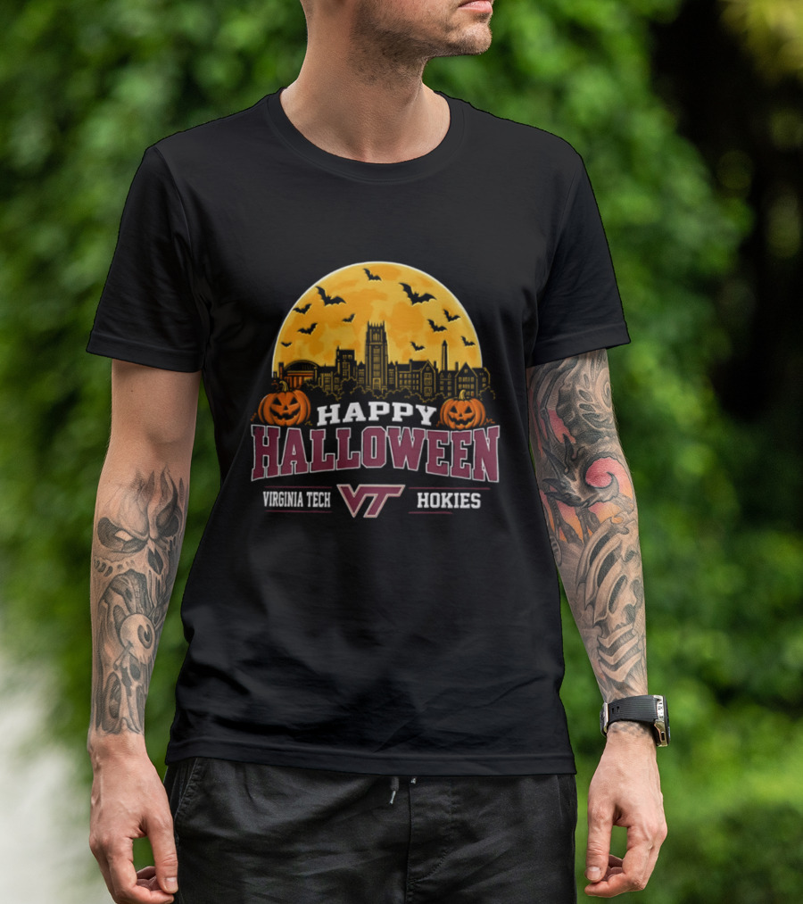 Virginia Tech Hokies Happy Halloween VT Skyline Pumpkins Bats Moon 2026 T-Shirt