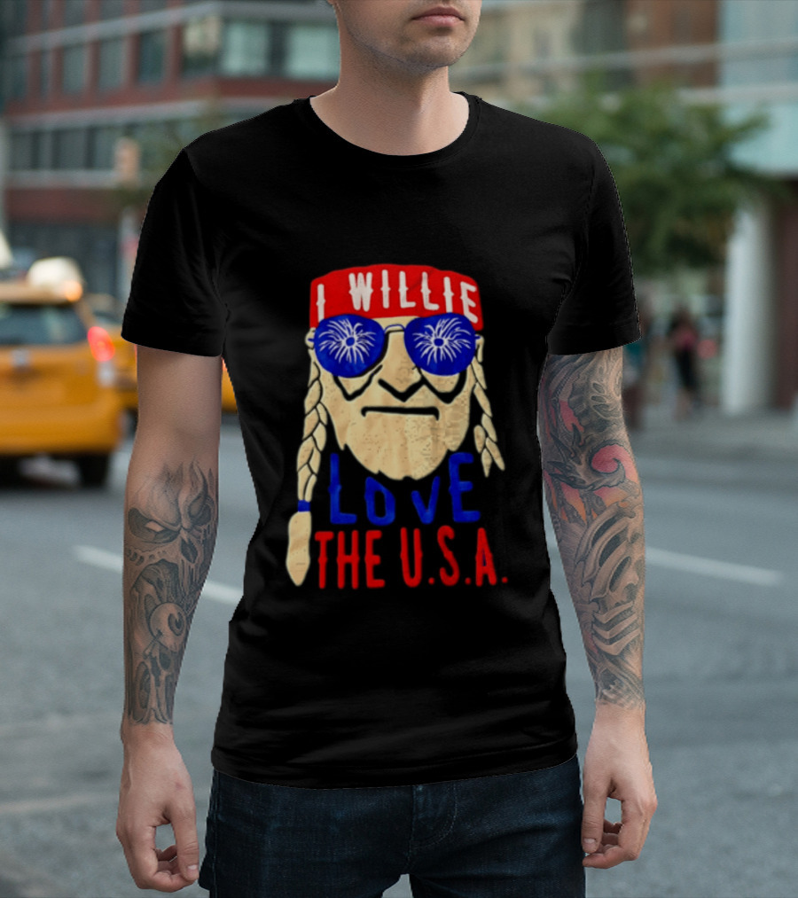 I Willie Nelson Love The U.S.A. Braided Hair Fireworks Sunglasses T-Shirt