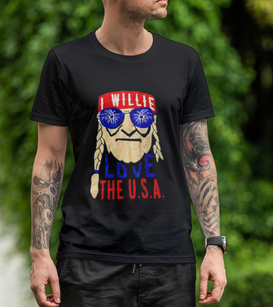I Willie Nelson Love The U.S.A. Braided Hair Fireworks Sunglasses T-Shirt