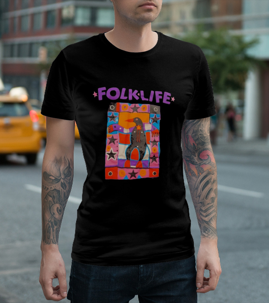 1992 Northwest Folklife Festival Black Seattle USA 90s Colorful Folk Art Bird Stars T-Shirt