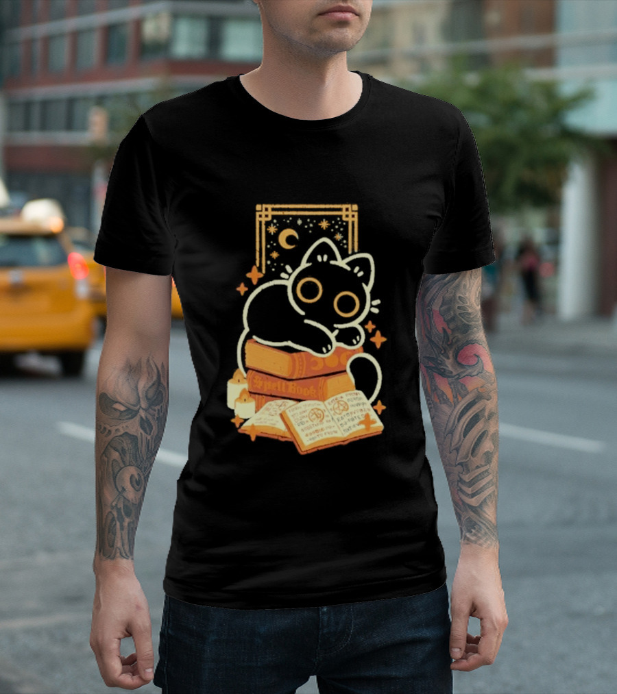 Black Cat Spell Book Candles Moon Stars Mystical Scene T-Shirt