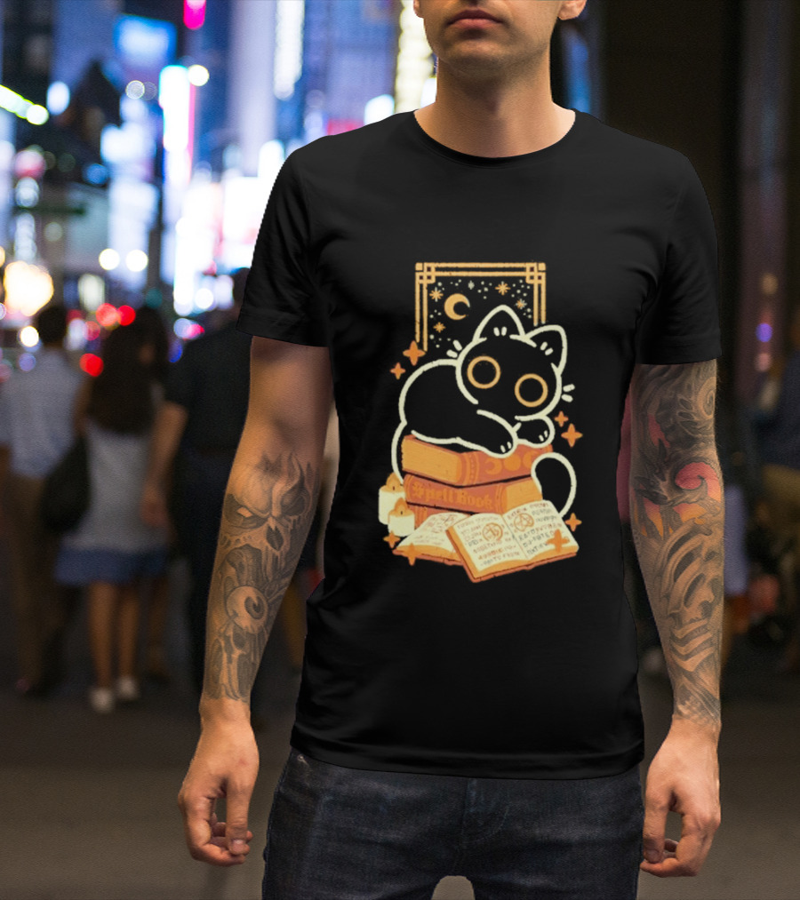 Black Cat Spell Book Candles Moon Stars Mystical Scene T-Shirt