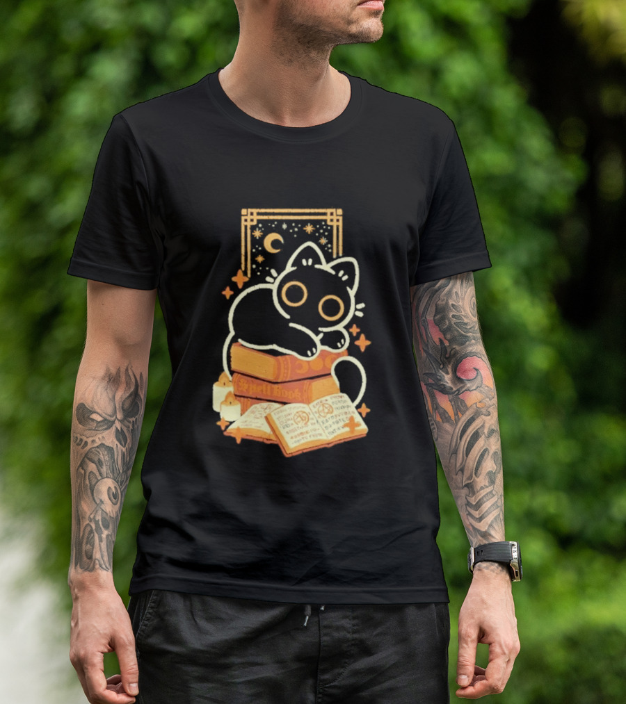 Black Cat Spell Book Candles Moon Stars Mystical Scene T-Shirt