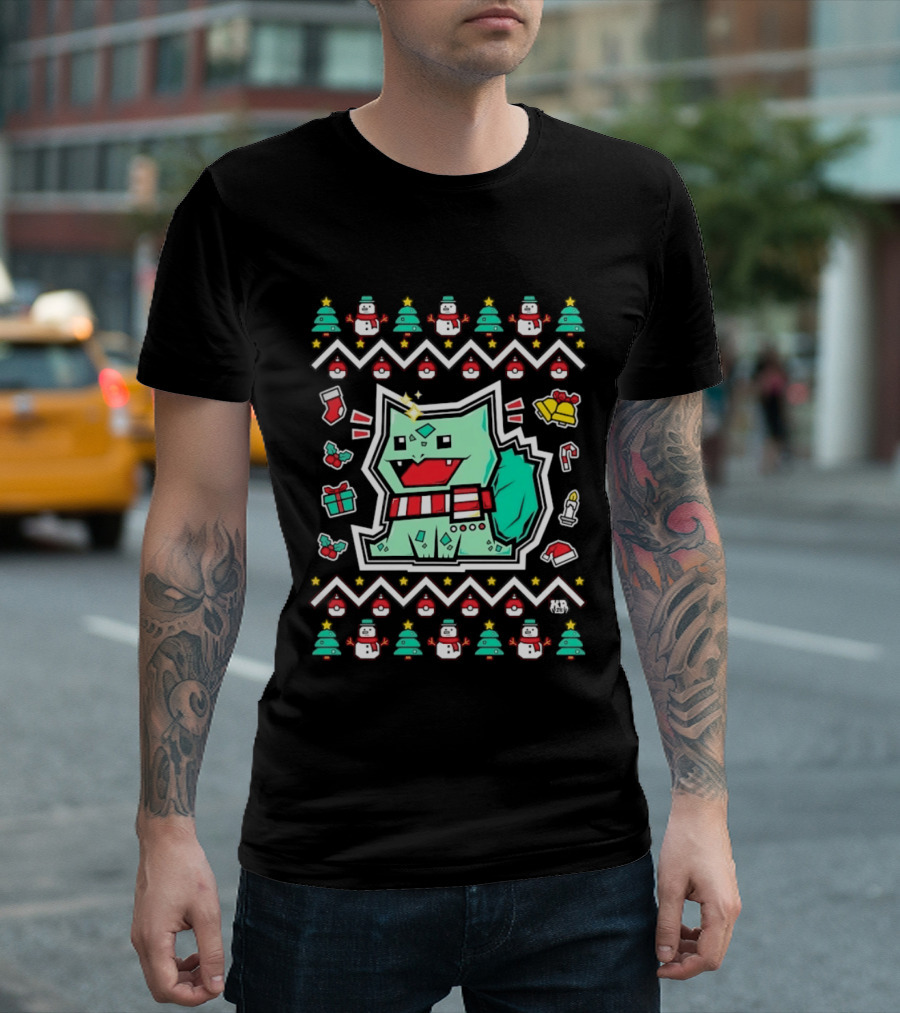 Bulbasaur Christmas Holiday Ugly Sweater Pattern With Snowmen And Presents T-Shirt